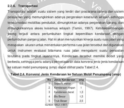 Tabel 2.4. Konversi Jenis Kendaraan ke Satuan Mobil Penumpang (smp) 