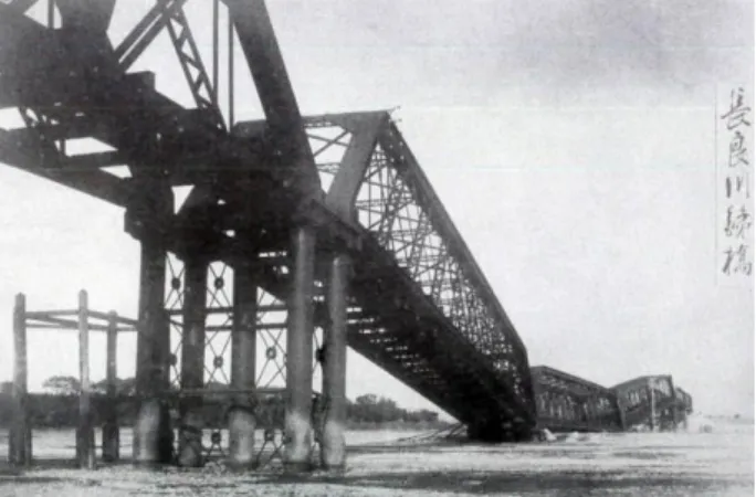 Figure 2. Fall of Nagara-gawa River Iron Bridge    (Source: Photo book of the Noubi Earthquake [8] ) 