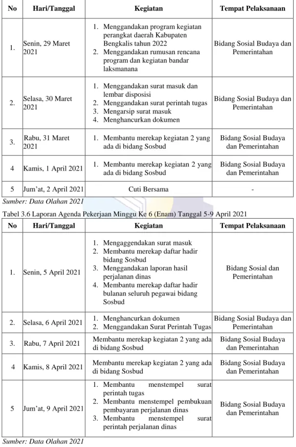 Tabel 3.5 Laporan Agenda Pekerjaan Minggu Ke 5 (lima) Tanggal 29 Maret-2 April 2021 