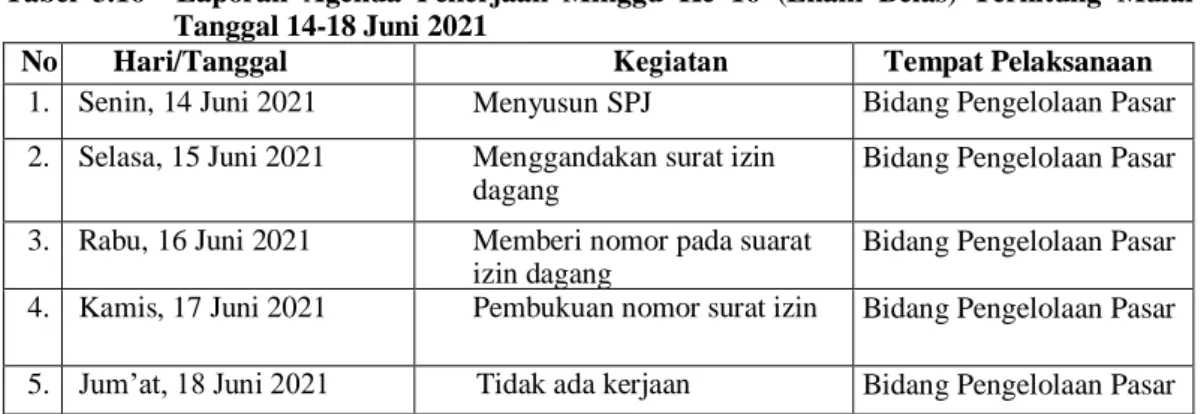 Tabel  3.16    Laporan  Agenda  Pekerjaan  Minggu  Ke  16  (Enam  Belas)  Terhitung  Mulai  Tanggal 14-18 Juni 2021 