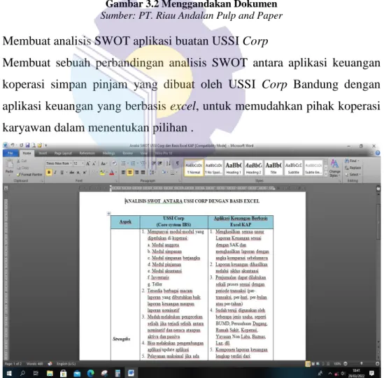 Gambar 3.3 Membuat analisis SWOT aplikasi buatan USSI Corp  Sumber: PT. Riau Andalan Pulp and Paper 