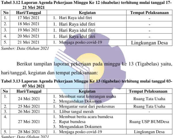 Tabel 3.12 Laporan Agenda Pekerjaan Minggu Ke 12 (duabelas) terhitung mulai tanggal 17-  21 Mei 2021 