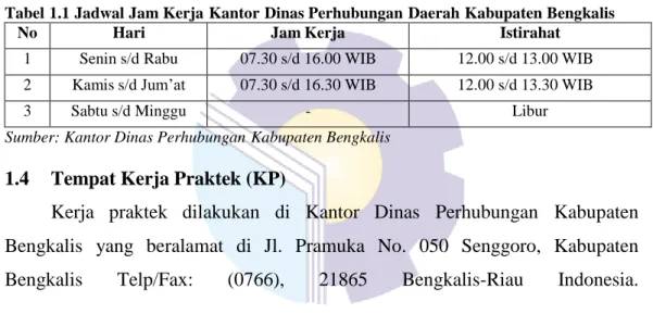 Tabel 1.1 Jadwal Jam Kerja Kantor Dinas Perhubungan Daerah Kabupaten                   Bengkalis 