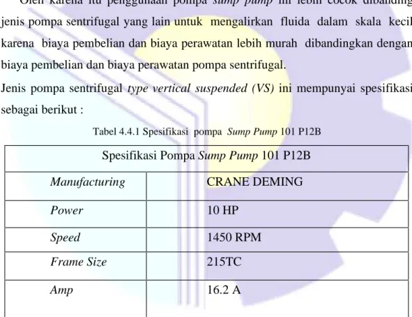 Tabel 4.4.1 Spesifikasi  pompa Sump Pump 101 P12B