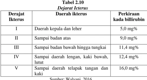 Tabel 2.10  Dejarat Icterus  Derajat 