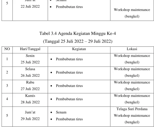 Tabel 3.5 Agenda Kegiatan Minggu Ke-5  (Tanggal 01 Agustus 2022 – 05 Agustus 2022) 