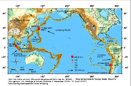 Gambar 1. Peta Aktifitas Gempa, Lempeng dan Pergerakannya, di Sepanjang Jalur "Ring of Fire Pacific” (Rahma, 2011)