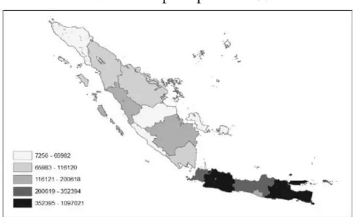 Gambar 1. Jumlah migran masuk risen di Pulau Jawa  dan Sumatera pada periode 1995 