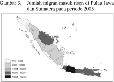 Gambar 2.    Jumlah migran masuk risen di Pulau Jawa  dan Sumatera pada periode 2000 