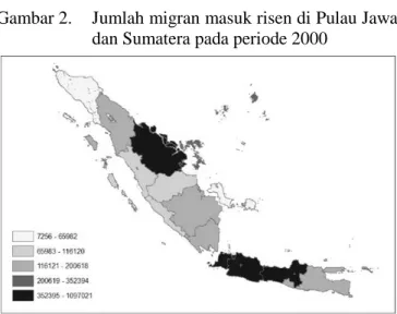 Gambar 3.    Jumlah migran masuk risen di Pulau Jawa  dan Sumatera pada periode 2005 
