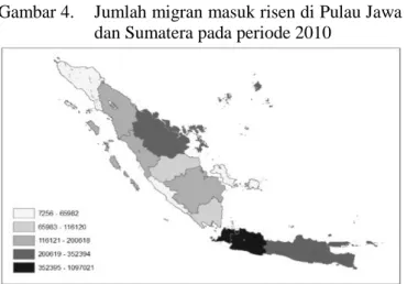 Gambar 4.    Jumlah migran masuk risen di Pulau Jawa  dan Sumatera pada periode 2010 