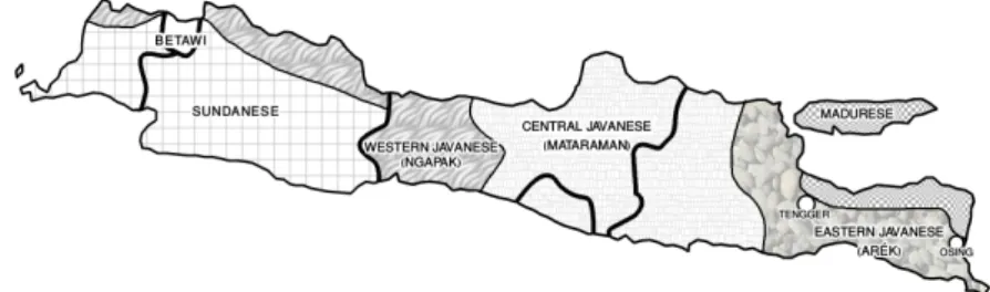 Figure 1.4: Javanese dialects with their dialect names in brackets Among the three main dialects, Central Javanese is regarded as the most prestigious, as the two Javanese court cities, Yogyakarta and Surakarta are located in Central Java (Poedjosoedarmo 1
