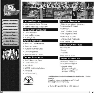 Figure 3.3:  John Newbery Elementary Library Media Center Web page. Reprinted with permission from Jeanne Barnes, John Newbery Elementary School,  Teacher-Librarian.