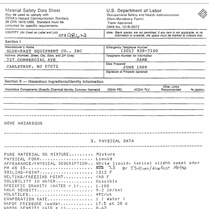 FIGURE 3.1. Page 1 of Material Safety Data Sheet. The form covers fire and explosion data,  health effects data, spill and leak procedures, etc.