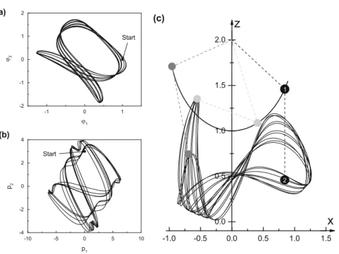 Fig. 6.3 Numerical solution of the double pendulum with initial conditions ' 1 .0/ D 1:0; ' 2 .0/ D 0:0, p 1 .0/ D 0:0 and p 2 .0/ D 3:0