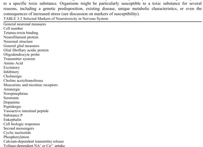 TABLE 3-2 Selected Markers of Neurotoxicity in Nervous System General neuronal measures