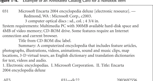 Figure 1-4. Example of an Annotated Catalog Card for a Nonbook Item 031 Microsoft Encarta 2004 encyclopedia deluxe [electronic resource]