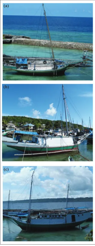 Gambar 1. (a) Perahu desain atap segitiga, (b) Perahu  desain atap trapesium, (c) Perahu desain atap persegi  panjang penuh