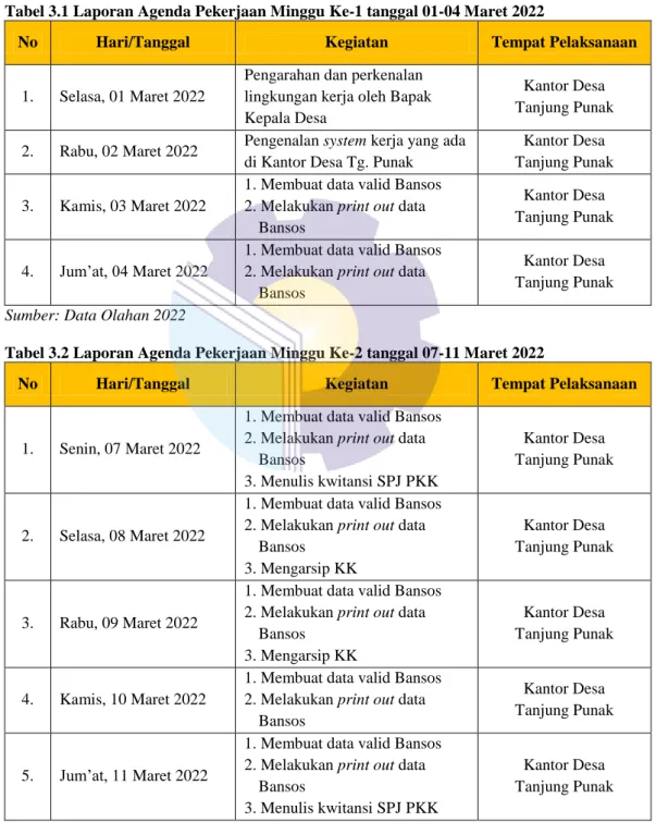 Tabel 3.1 Laporan Agenda Pekerjaan Minggu Ke-1 tanggal 01-04 Maret 2022 