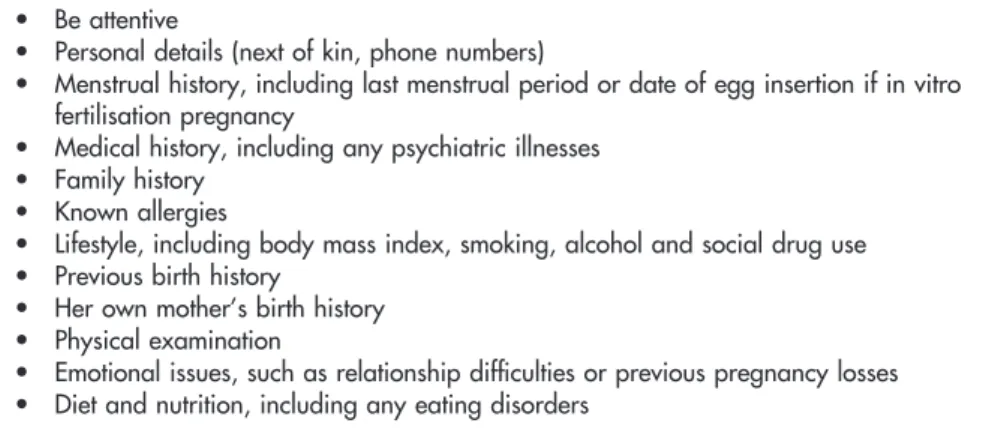 Table 2.1  Booking visit: checklist prompt for midwives