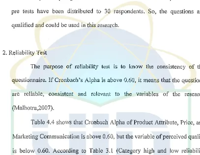 Table 4.4 shows that Cronbach Alpha of Product Attribute, Price, and 