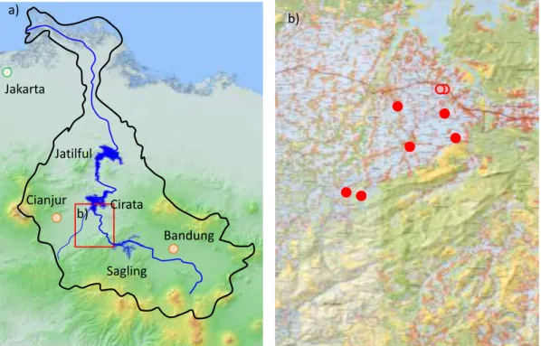 Figure 1. Maps of the hydrographic basin of the Citarum River (a) and the field observation site (b)