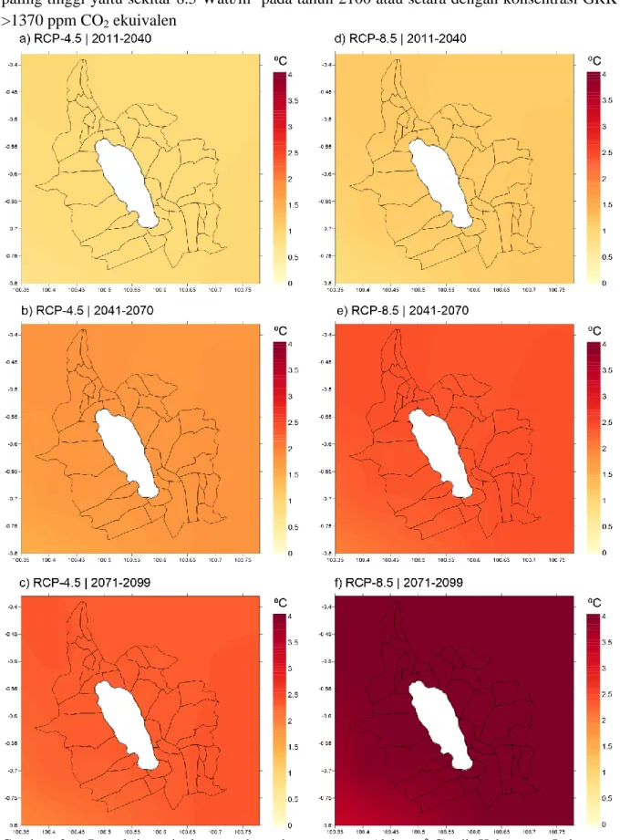 Gambar  3-6  Proyeksi  peningkatan  suhu  udara  rata-rata  (dalam  ⁰ C)  di  Kabupaten  Indramayu  berdasarkan skenario RCP-4.5 dan RCP-8.5 