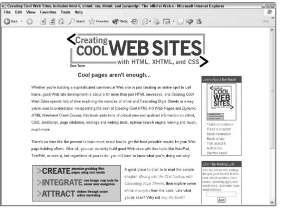Figure 1-6:  The Creating Cool Web Sites home page shown in Internet Explorer. 
