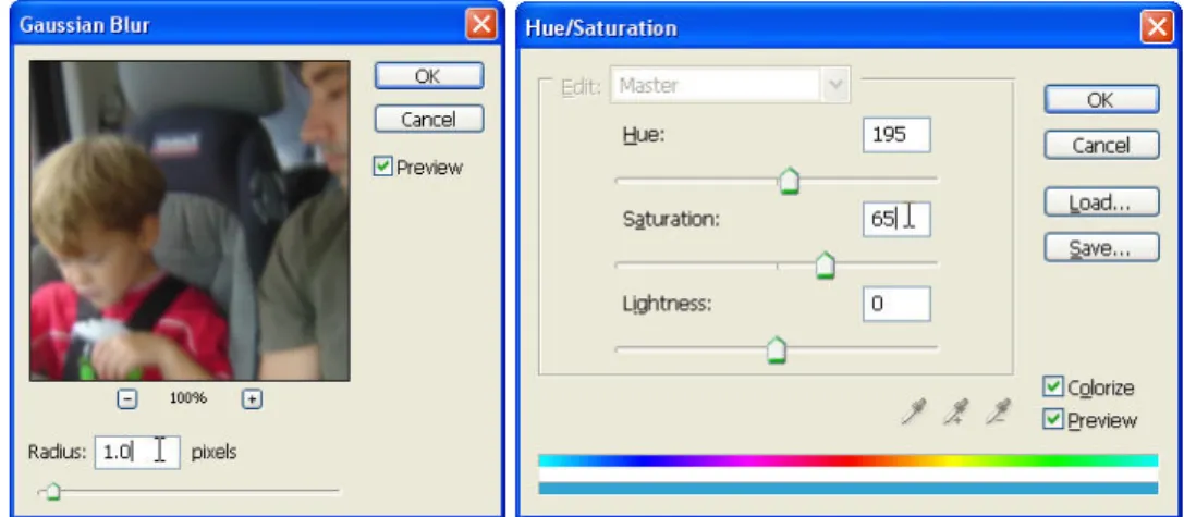 Gambar 4.58 Menggunakan Gaussian Blur untuk melembutkan gambar,  Menggunakan Hue/Saturation untuk mengubah warna 