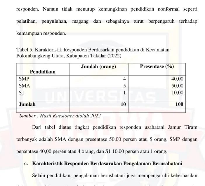 Tabel 5. Karakteristik Responden Berdasarkan pendidikan di Kecamatan  Polombangkeng Utara, Kabupaten Takalar (2022)  