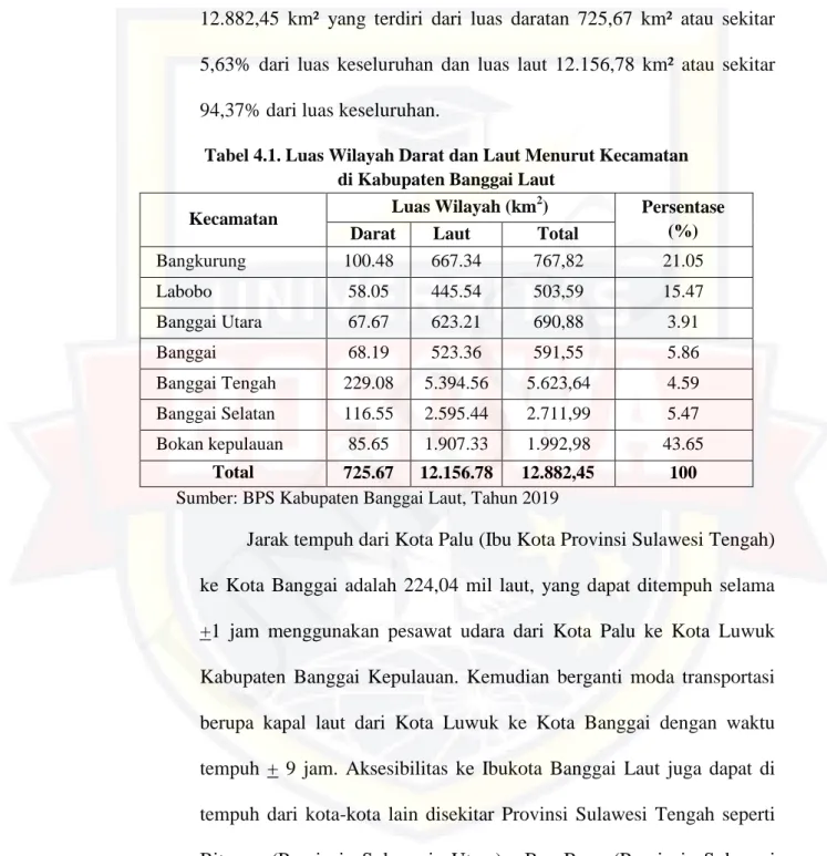 Tabel 4.1. Luas Wilayah Darat dan Laut Menurut Kecamatan  di Kabupaten Banggai Laut 