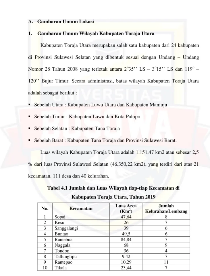 Tabel 4.1 Jumlah dan Luas Wilayah tiap-tiap Kecamatan di  Kabupaten Toraja Utara, Tahun 2019 
