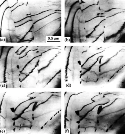 Fig. 6.8 Sequence of micrographs taken during continuous heating of a melt-quenched Al – Rh alloy from room temperature up to about 555 °C in a TEM hot stage [16]: a supersaturated solid solution in the as-quenched condition, stable up to * 275 °C
