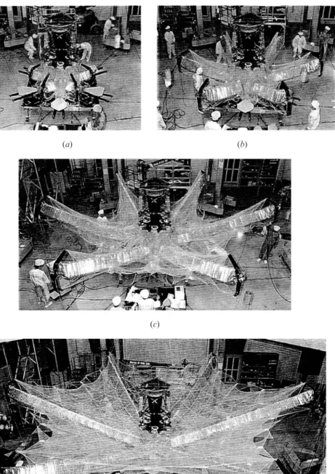 Figure 5.5. Sequential deployment test of MUSES-B ﬂight antenna: (a) stowed; (d) after deployment.