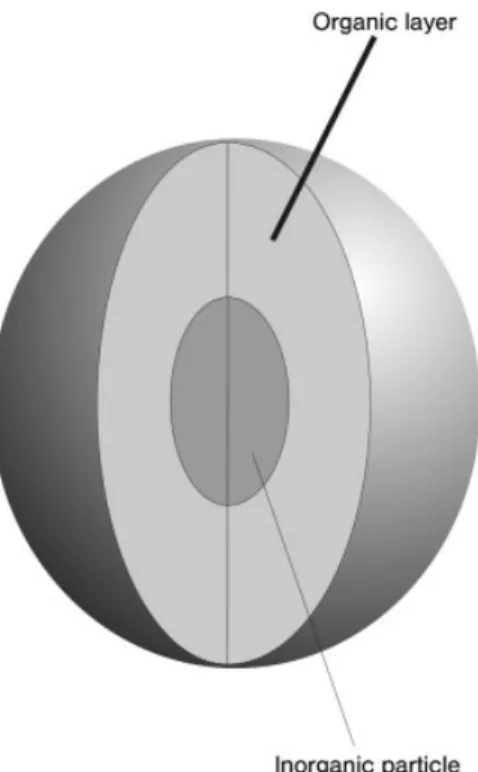 Fig. 2.7 Schematic illustration of an inorganic particle which is surrounded by a surface-bound layer of organic molecules (core-shell structure).