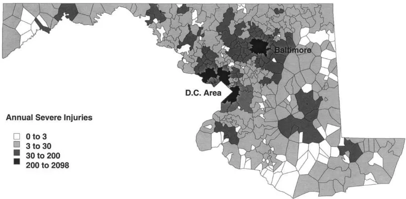 Fig. 3. Spatial proﬁle of serious injuries across Maryland.