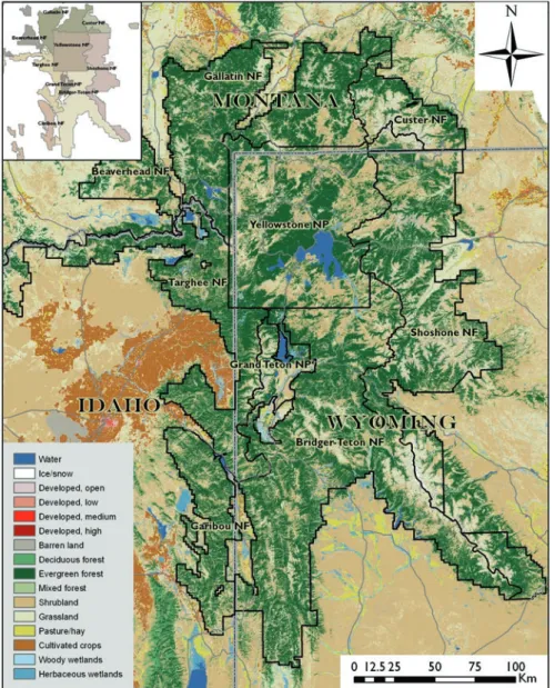 Figure 11.1  Location of the Greater Yellowstone Ecosystem, USA, from which the landscape  maps of spatial patterns of disturbance used in these exercises were obtained