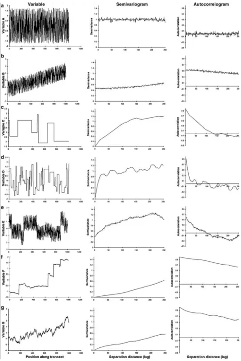 Figure 5.1  Seven artificial regionalized variables (column 1) as a function of position along a  transect, along with their corresponding semivariograms (column 2) and autocorrelograms  (col-umn 3)