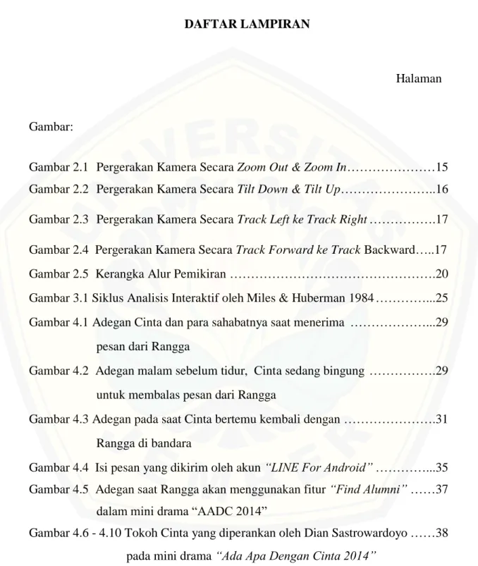 Gambar 2.1  Pergerakan Kamera Secara Zoom Out & Zoom In …………………15  Gambar 2.2  Pergerakan Kamera Secara Tilt Down & Tilt Up  …………………..16  Gambar 2.3  Pergerakan Kamera Secara Track Left ke Track Right  …………….17  Gambar 2.4  Pergerakan Kamera Secara