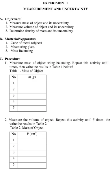 Table 1. Mass of Object 