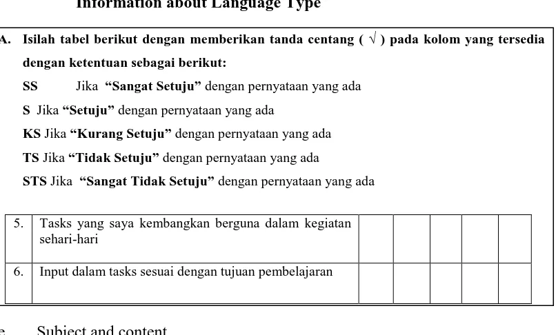Table 8. The Example of Statements for Questionnaire for Obtaining Information about Language Type 