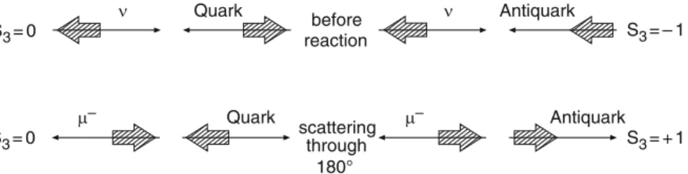 Fig. 10.14 Charged-current  q scattering (left) and  q N scattering (right) before the reaction (top) and after scattering through 180 ı in the neutrino-quark centre-of-mass system