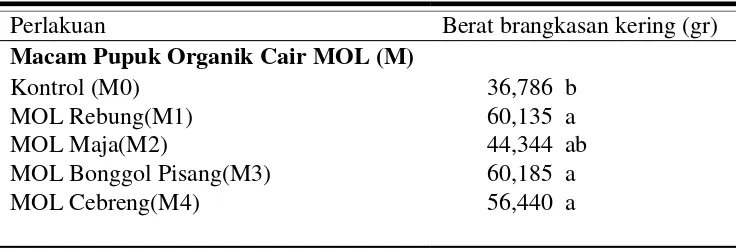 Tabel 11. Berat brangkasan kering akibat pemupukan dengan macam pupuk organik cair MOL (M) 