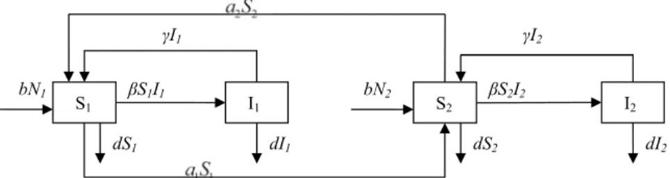 Fig. 2.12 The transfer diagram of SIS model with population migration