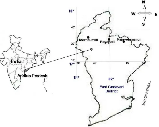 Figure 1. Map showing three study sites in East Godavari District of Andhra Pradesh, India