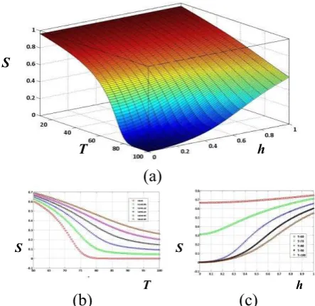 Fig. 2. The relationship between S, T and h (a).S as function of T and h, (b).S as function of T for various value of h, and  (c).S as function of h for various value of T   