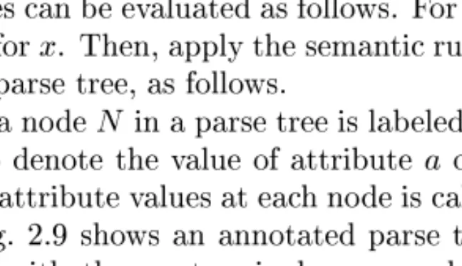 Figure 2.9: Attribute values at nodes in a parse tree