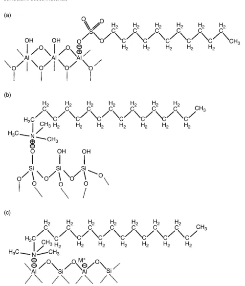 Figure 4.6  Adsorption models of surfactants on mineral oxide surfaces: (a) SDS–alumina, (b) CTAB–silica,  and (c) CTAB–zeolite.