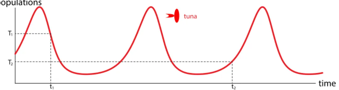 Figure 1.10: Tuna population in the shark–tuna dynamical system. Such a function of time is called a “time series.”