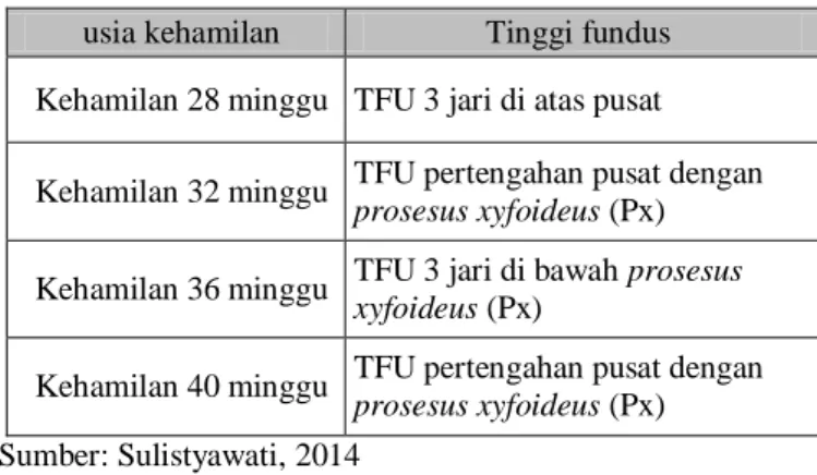 Tabel 2.3 TFU berdasarkan usia  kehamilan menurut leopold 